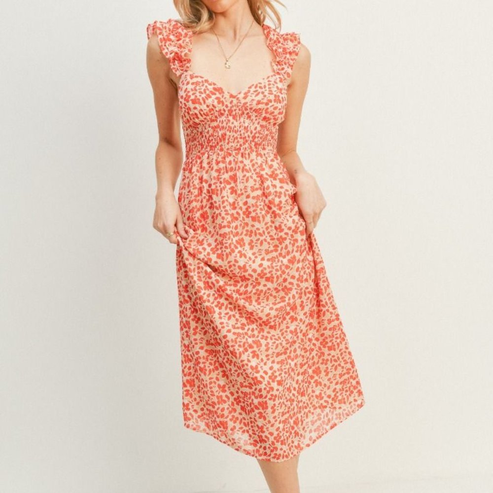 New Boho Ruffled Strap Floral Printed Midi Dress with Sweetheart Neckline - Picture 3 of 5